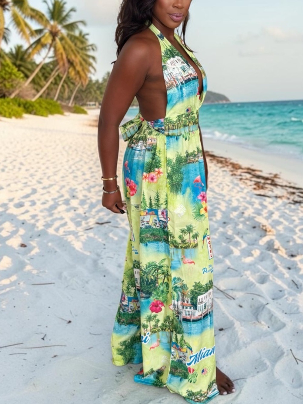 NWT Endless Moon Tropical Escape Halter Jumpsuit - Neon Green Miami Print Small